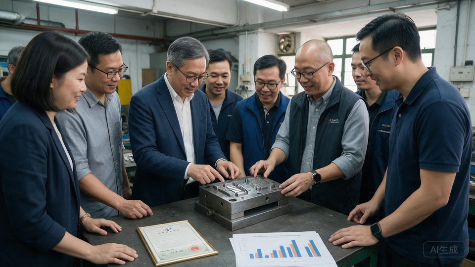 工廠單位內幾名工程人員圍著新模具檢查成品，桌上放著專利證書與報表。