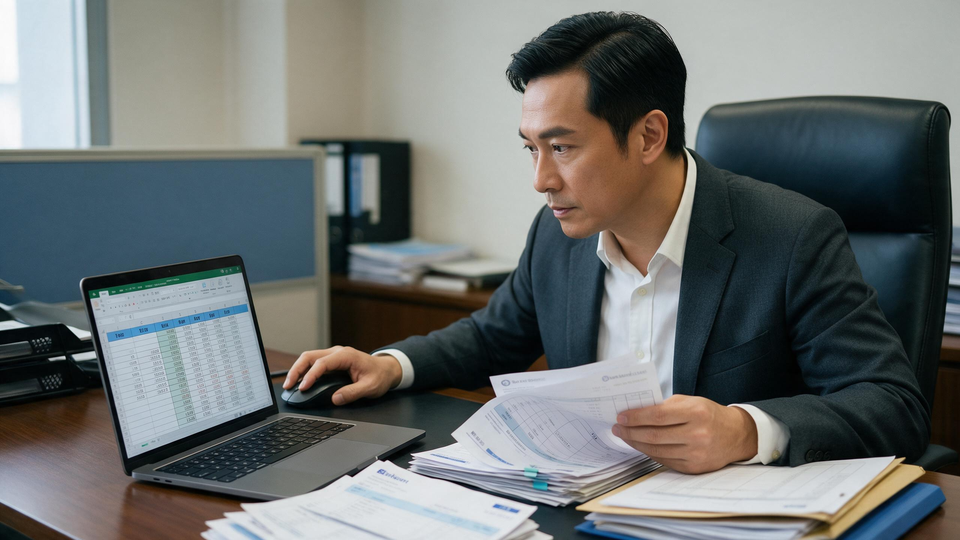 電腦畫面顯示逐週排列的現金流試算表，旁邊放著銀行月結單，有人用滑鼠翻查儲存格。