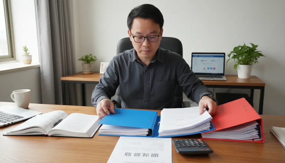 自僱專業人士在辦公桌前，把單據分成業務與私人兩疊，旁邊放著一本記帳簿。