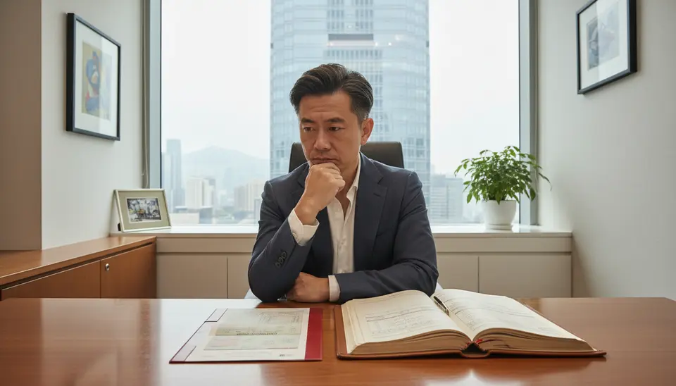 小型辦公室裡,老闆把個人存摺與公司帳簿並排放在桌上,望向窗外銀行大樓。