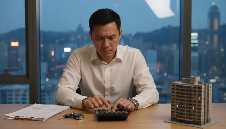 一名男子坐在書桌前用計算機,旁邊有車匙和房子模型,正在計算每月還款。