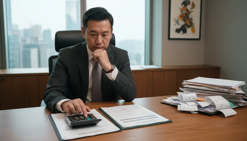 一位中小企老闆在辦公桌前用計算機核算兩份貸款方案，桌上放著貸款文件和單據。