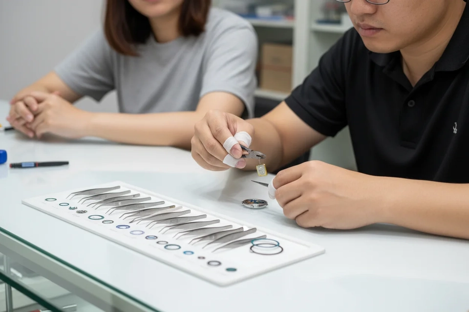 維修櫃檯前技師用工具打開手錶底蓋,正以鑷子夾起舊電池,客人坐在對面等候。