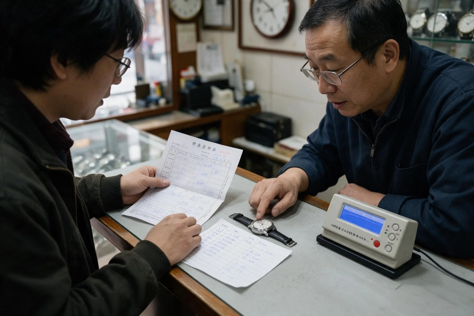 客人與師傅在櫃檯前對照維修單據和走時記錄,桌上放著機械錶。