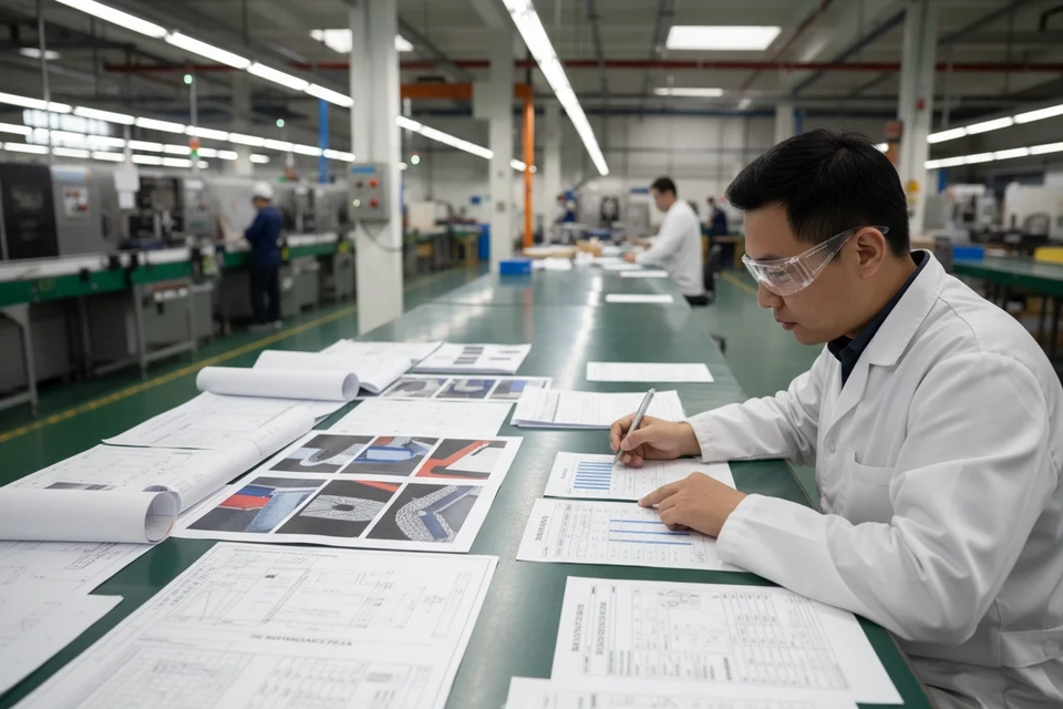 品保人員在長桌前核對刀模保養記錄、斷面照片與批次數據。