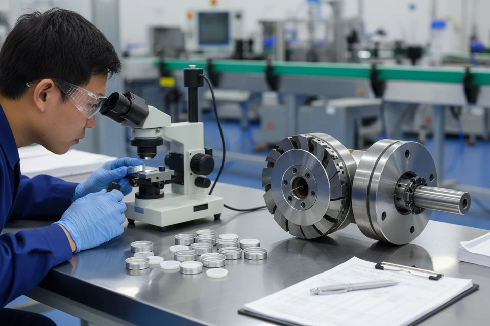品檢台上擺著一批鋁塑組合蓋,技術員用工具顯微鏡量測墊片切口毛邊。