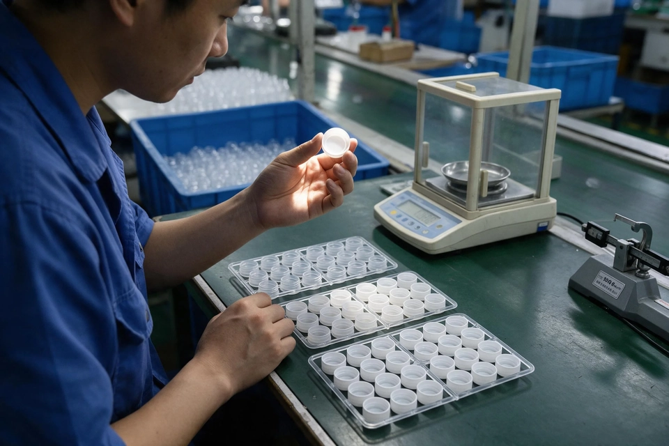 檢驗員在品檢桌邊對光檢視瓶蓋外觀,桌上排開各穴樣品、天平與量具。