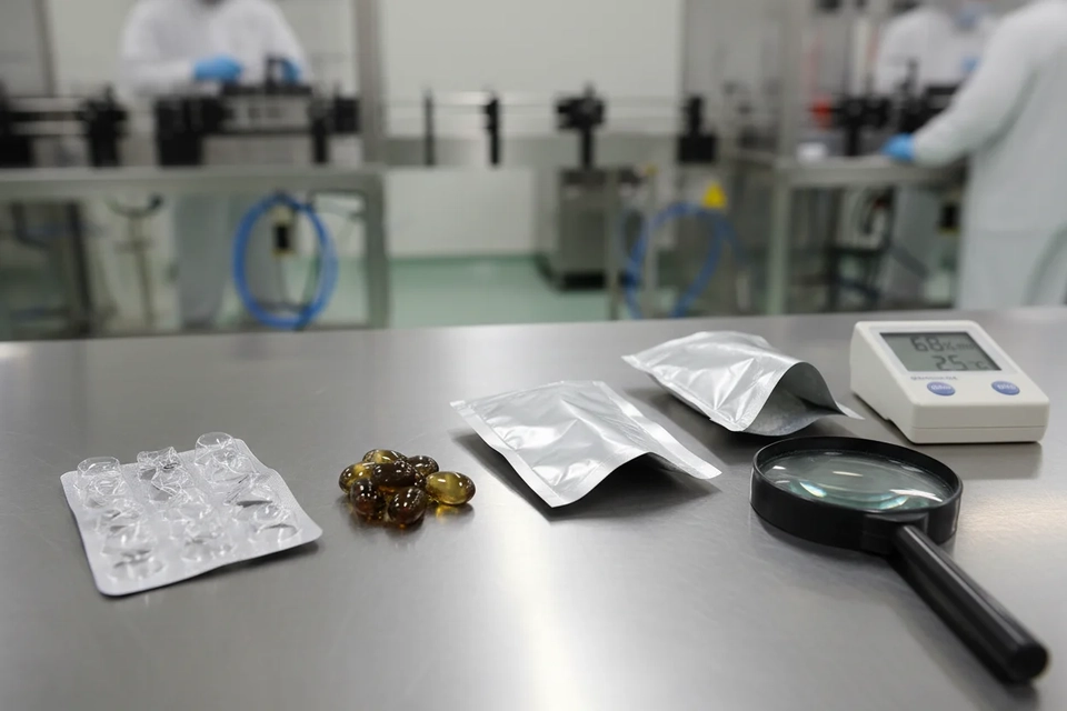 檢驗台上放著變形的泡罩板、黏連的軟膠囊與封邊翹起的鋁箔袋。