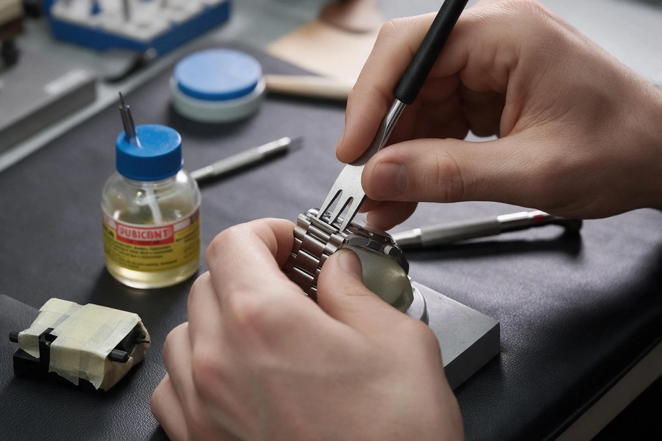 軟墊上，一雙手用叉頭工具撬起錶帶接駁位，旁邊放著潤滑劑與螺絲批。