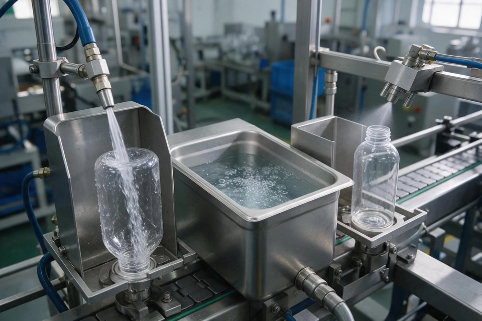 產線上三組噴嘴分別以高壓水、超聲波與氣水脈衝沖洗倒置的白色塑料瓶。