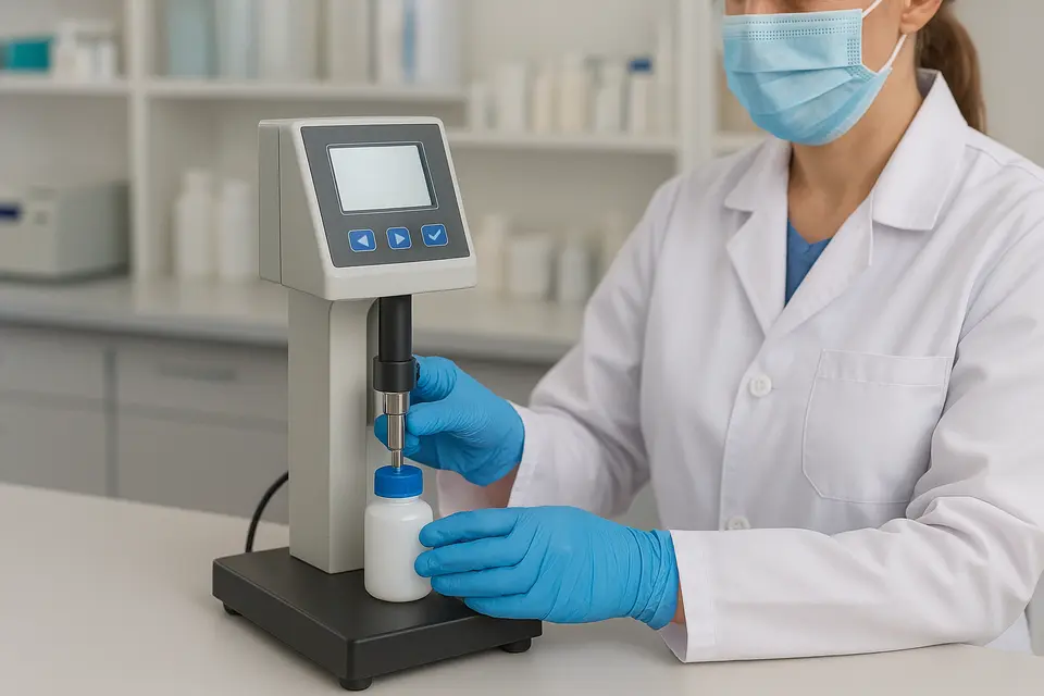 Lab technician testing plastic medicine bottle