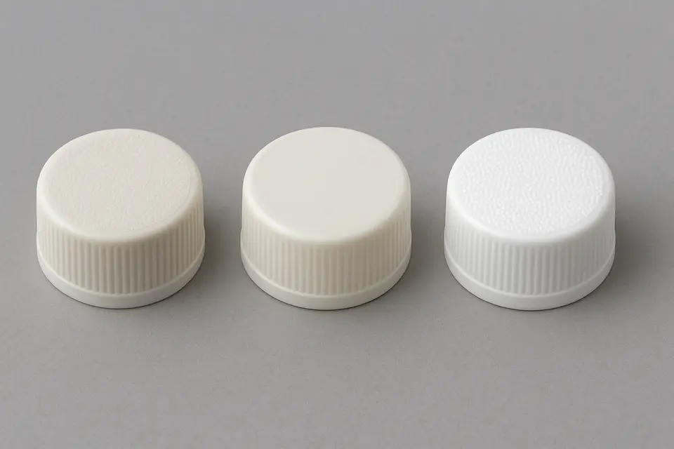 Three white plastic bottle caps close‑up
