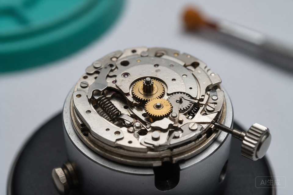 拆開的 GMT 機芯露出離合齒輪與彈簧，齒面有明顯磨損痕跡。