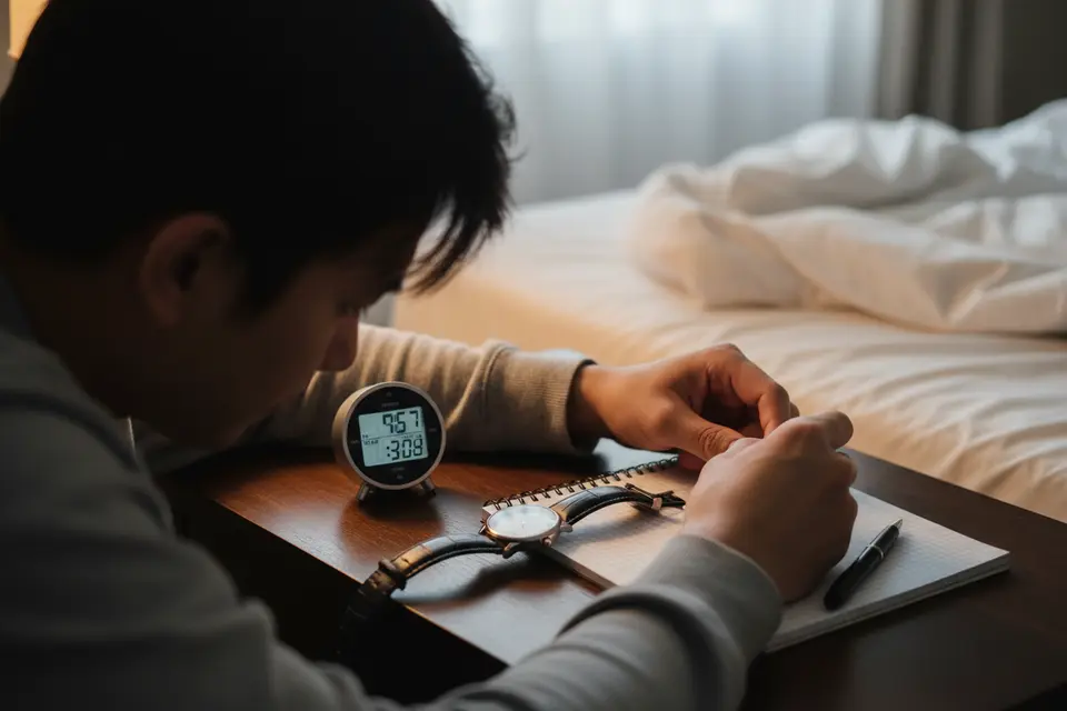 夜裡床頭櫃上放著面朝上的手錶與原子鐘，主人低頭對時並在筆記本上記錄誤差。