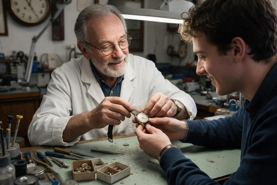 技師在工作檯前把修好的古董腕錶交到年輕錶主手上，檯面放着工具與舊零件盒。