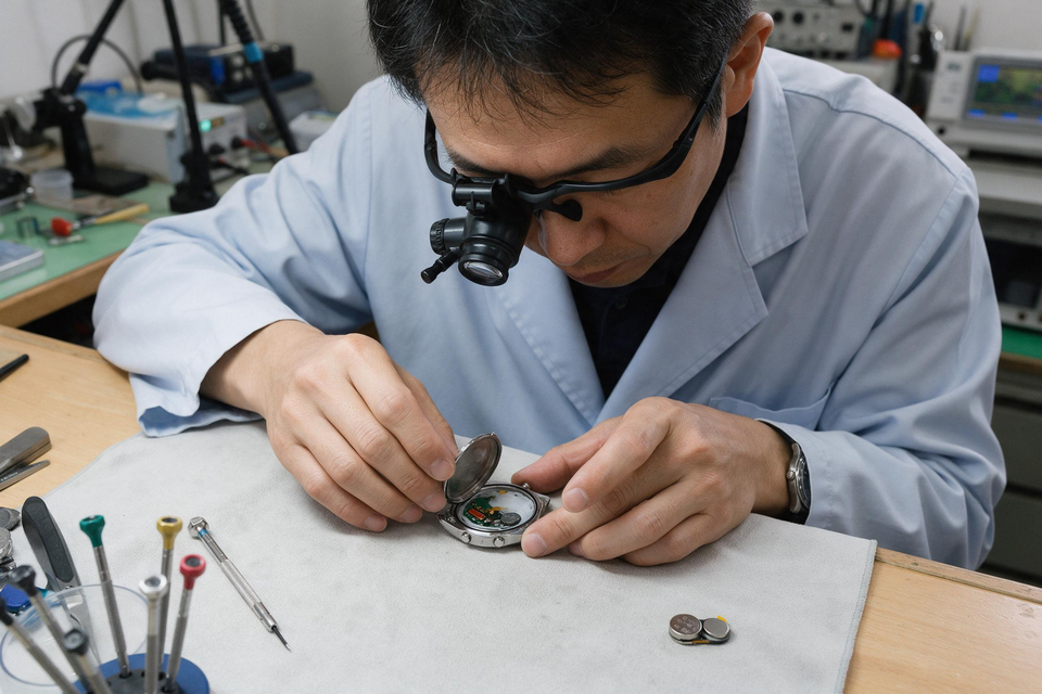錶匠戴著放大鏡,在維修桌上小心打開電波錶底蓋,手指避開內壁的天线模組。