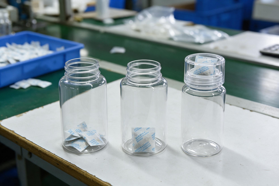 Clear plastic bottles with desiccant packets