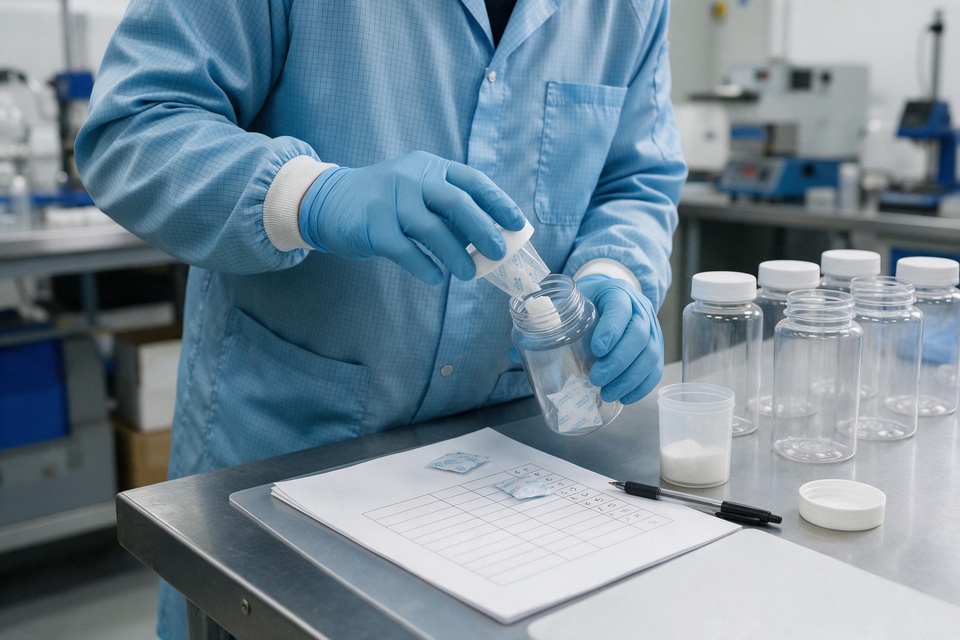 Worker adding desiccant to plastic bottle