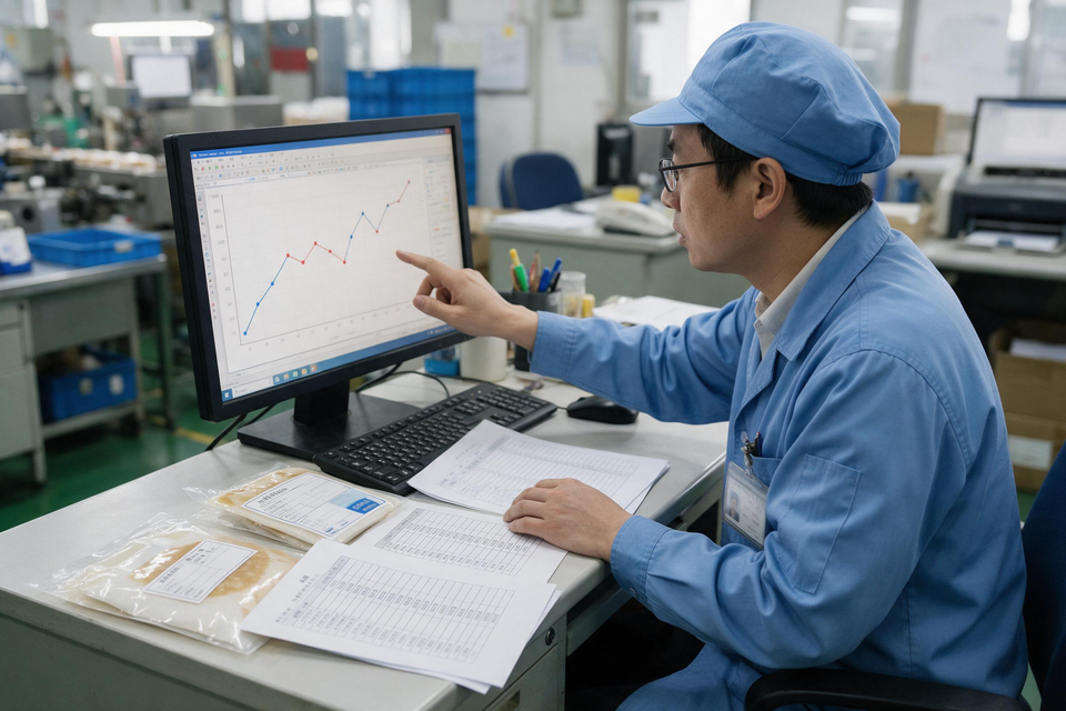 Worker checking data graph on monitor