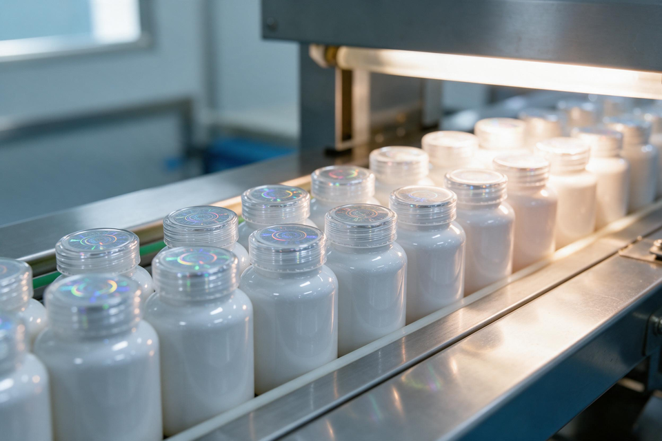 White bottles moving on conveyor belt