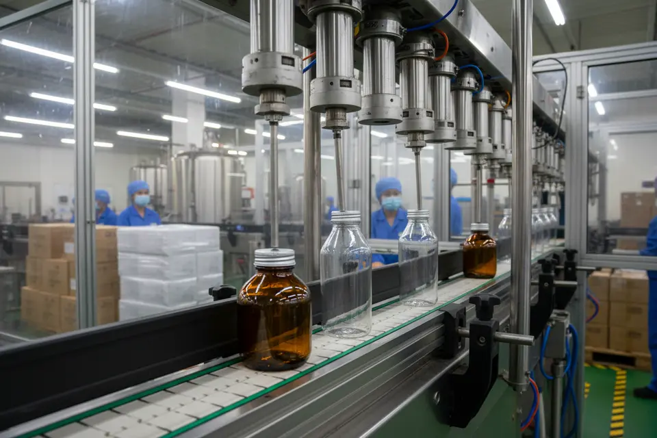 Bottles on filling production line