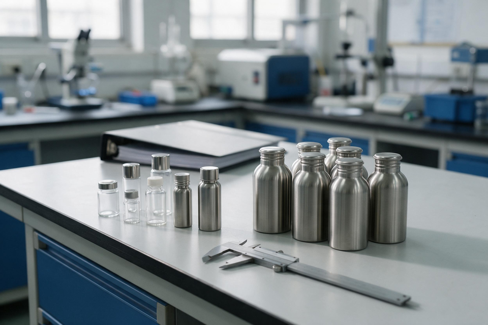 Metal and glass bottles in lab