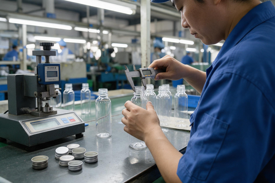 Worker measuring bottle with caliper