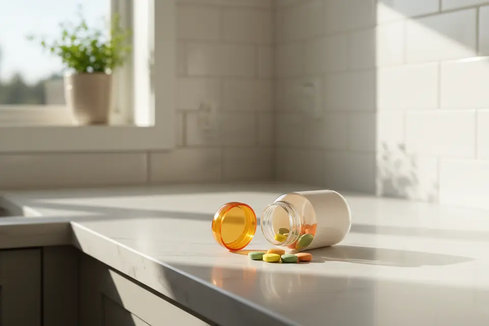 Pills spilled from open medicine bottle