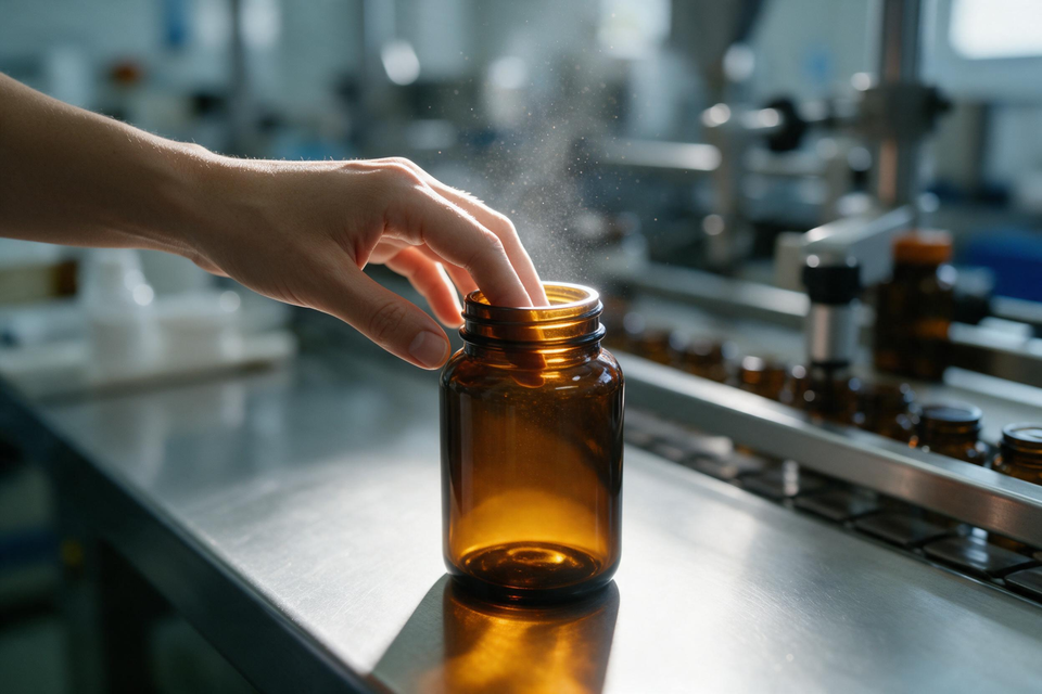 Hand touching amber glass medicine jar