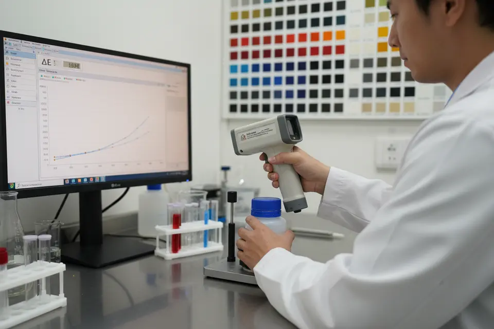 Lab worker testing bottle with color meter