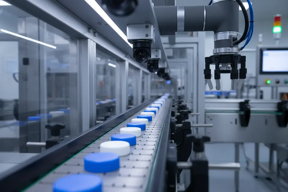 Robot inspecting bottles on conveyor line