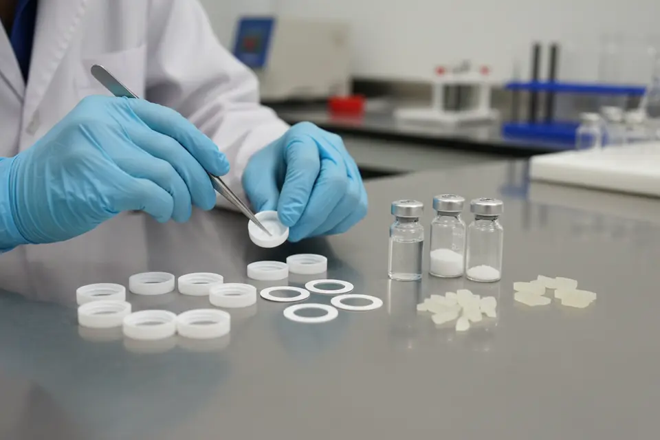 Lab technician examining vial seals