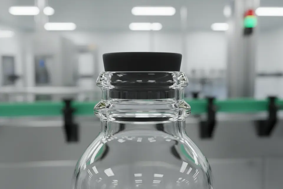Glass bottle with cap on production line