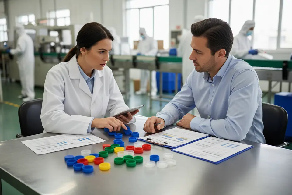 Workers discussing colored plastic caps