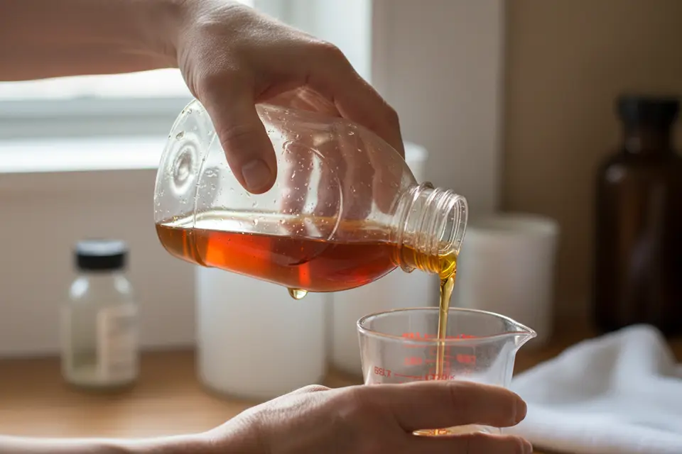 Pouring amber liquid into lab beaker
