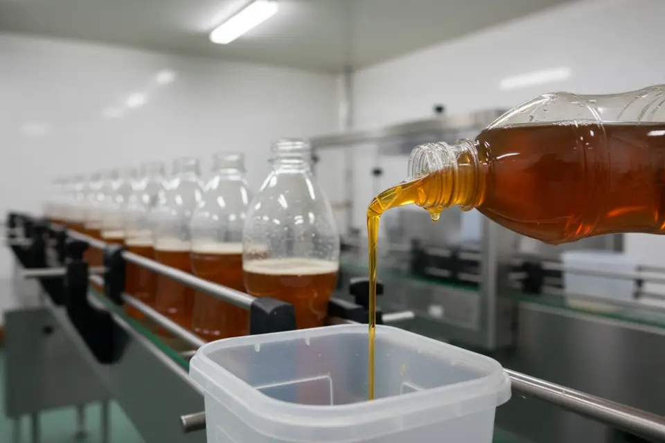 Liquid pouring from bottle on production line