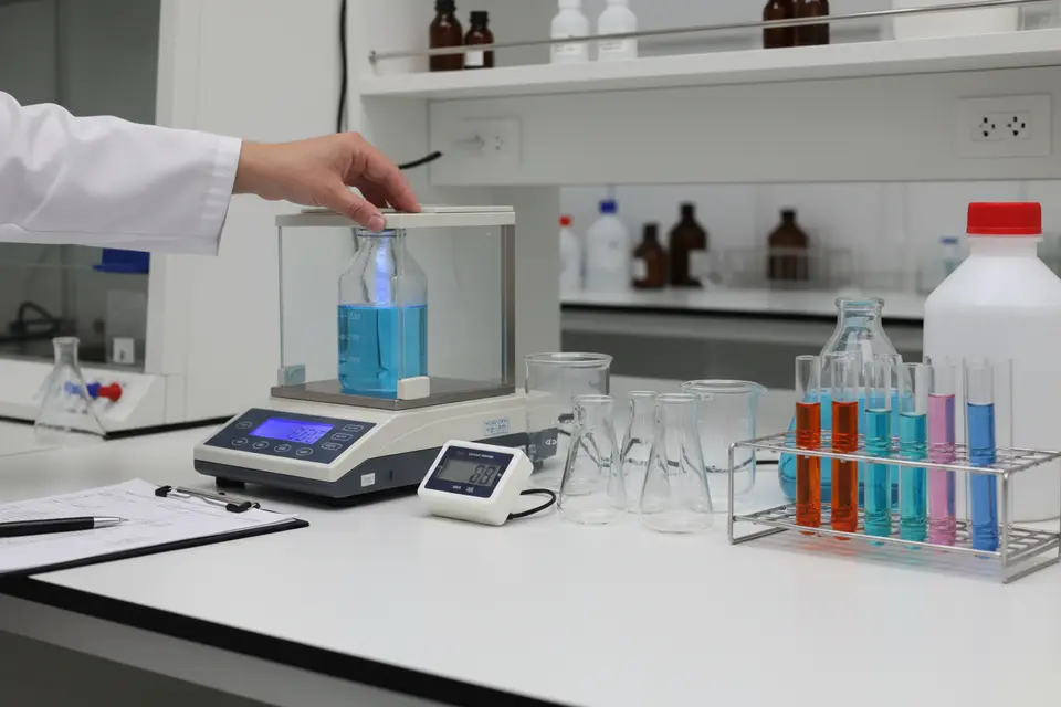 Weighing blue liquid on lab balance