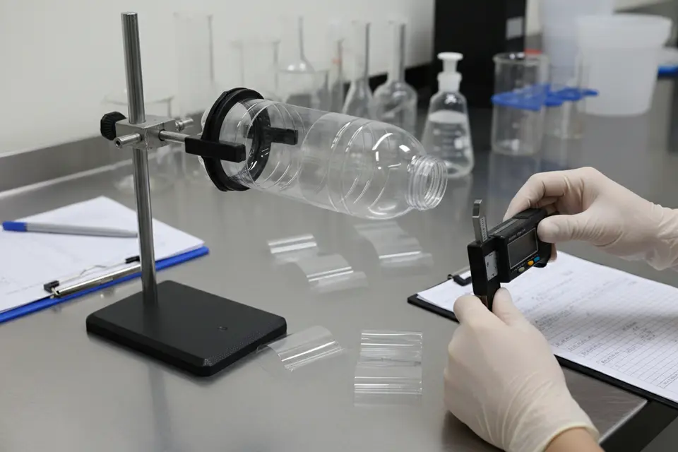 Measuring plastic bottle sample in lab