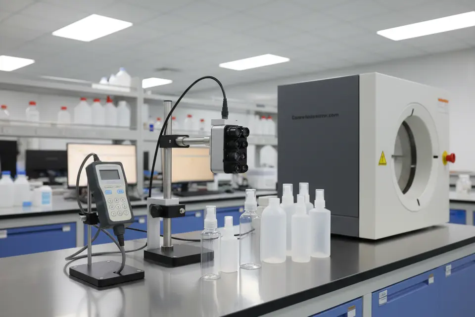 Lab equipment inspecting plastic bottles