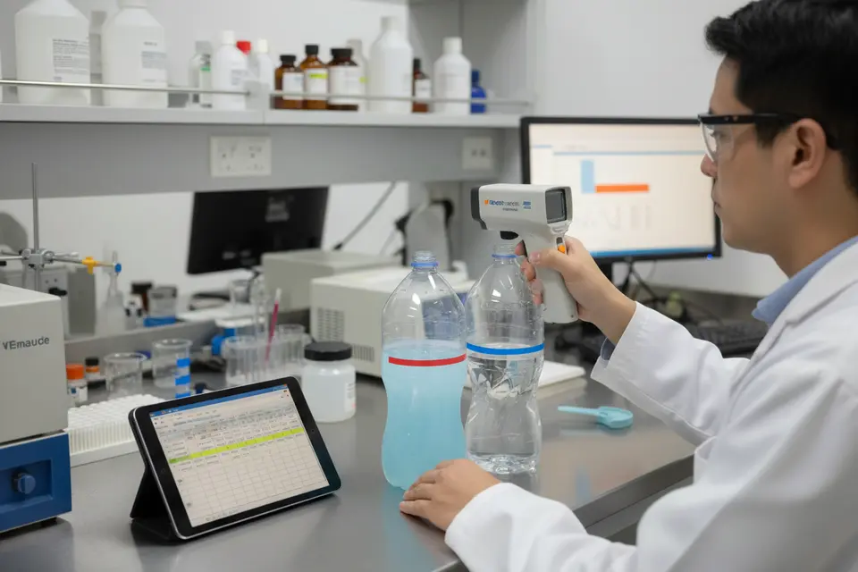 Scientist scanning plastic bottles in lab
