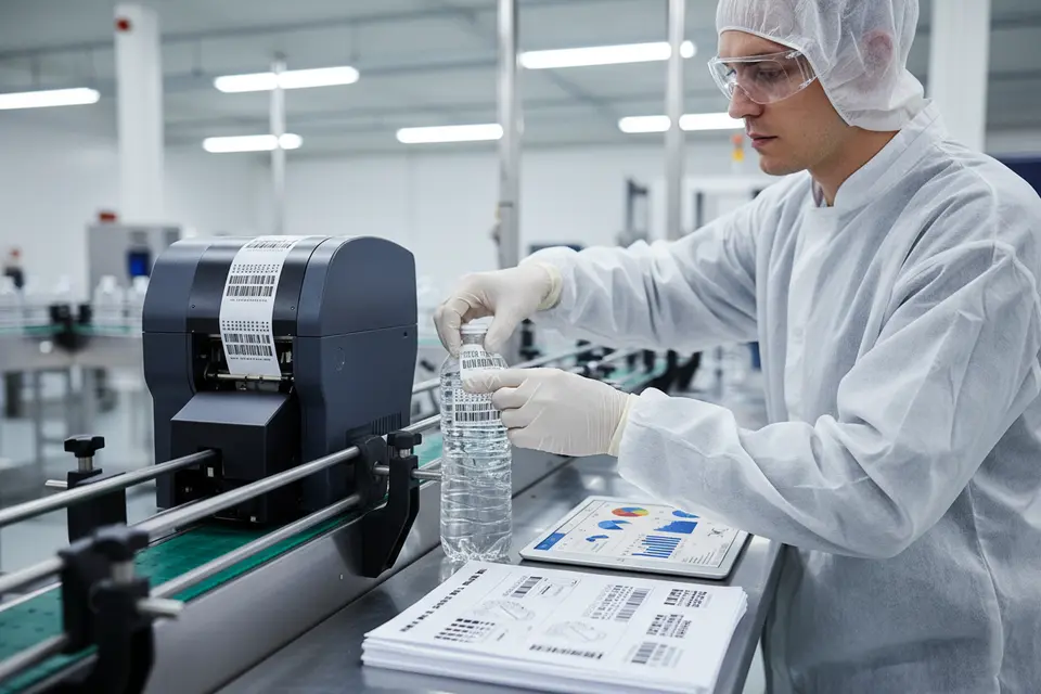 Worker labeling bottle on production line