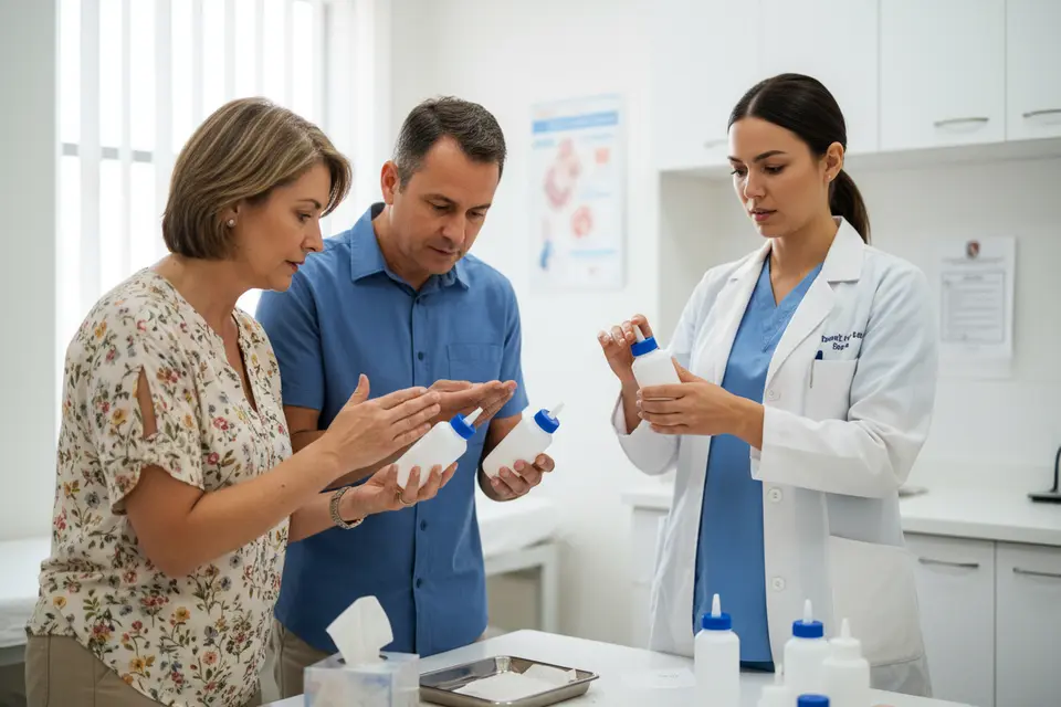 Doctor demonstrating bottles to couple