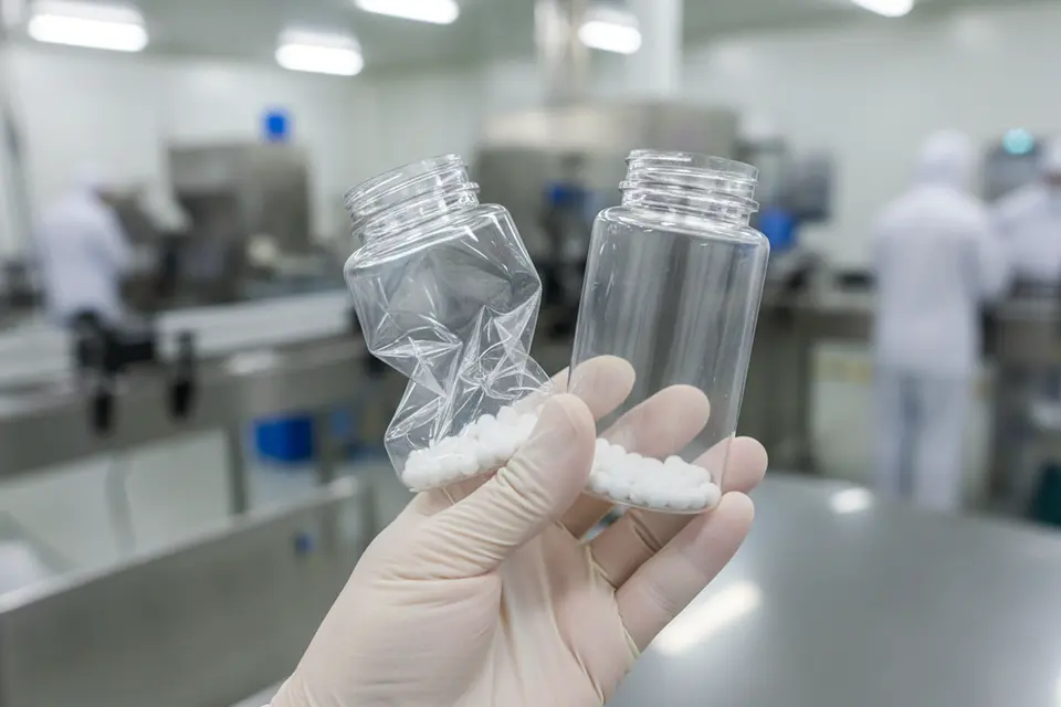 Hand holding two medicine bottles in factory