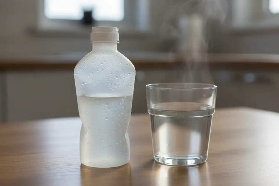 Plastic bottle and glass of water