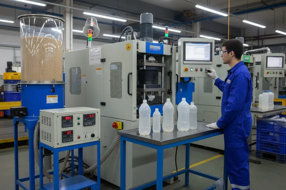 Worker operating bottle molding machine