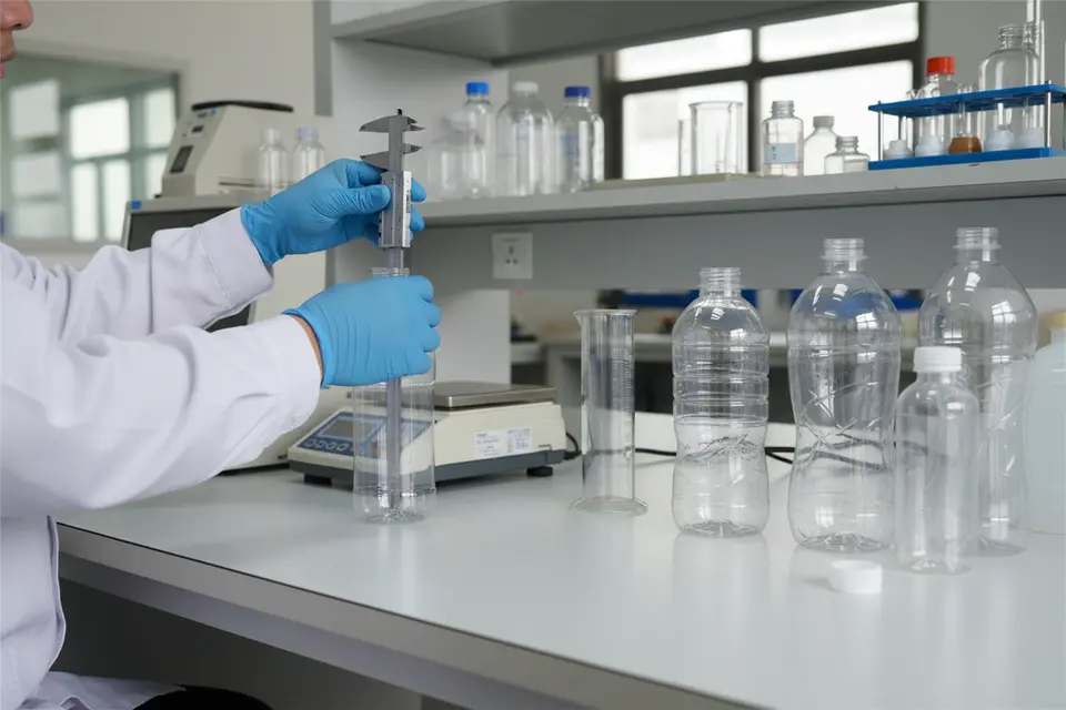 Technician measuring bottle with caliper