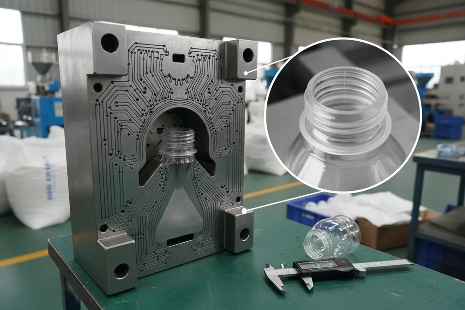 Plastic bottle blow mold and sample