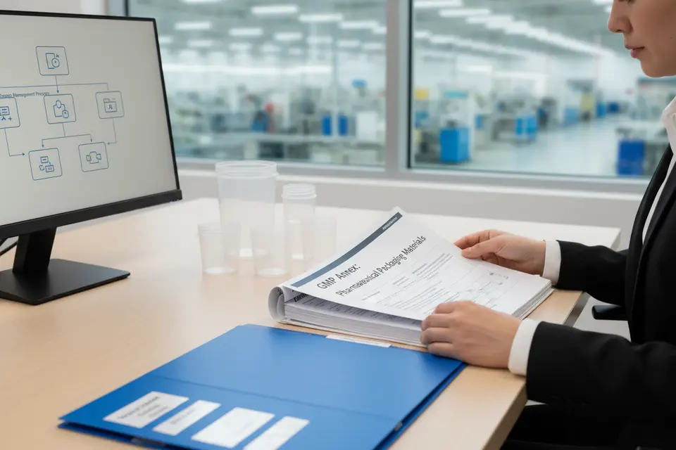 Reviewing GMP documents in pharma factory