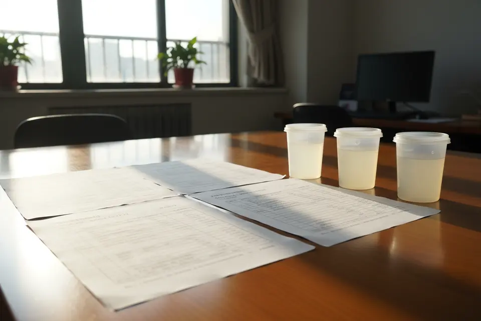 Specimen cups and papers on wooden table