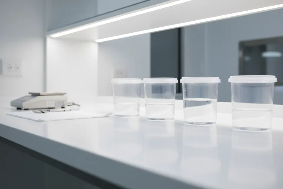 Lab sample cups on clean countertop